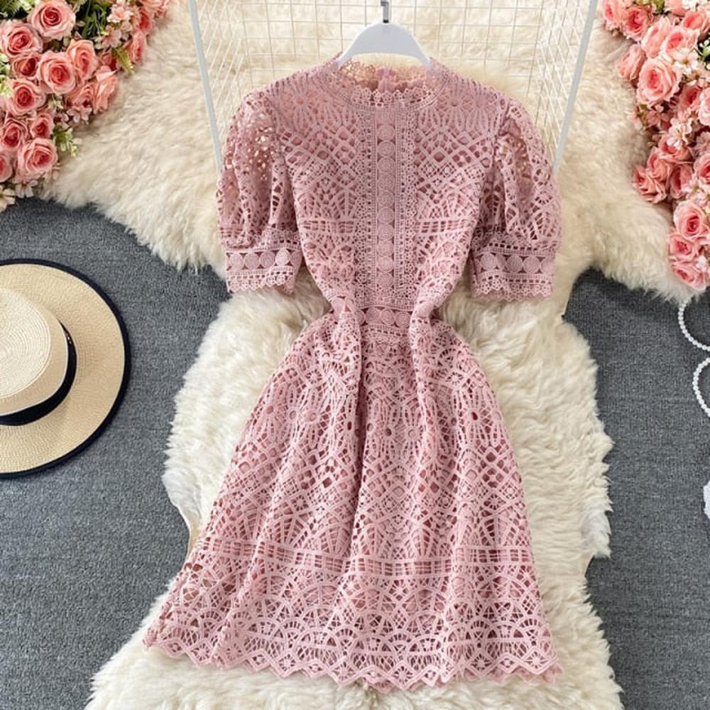 Chic Pink O-neck Hollow Out Lace High Waist Puff Sleeve Mini Dress AR1010 shopify