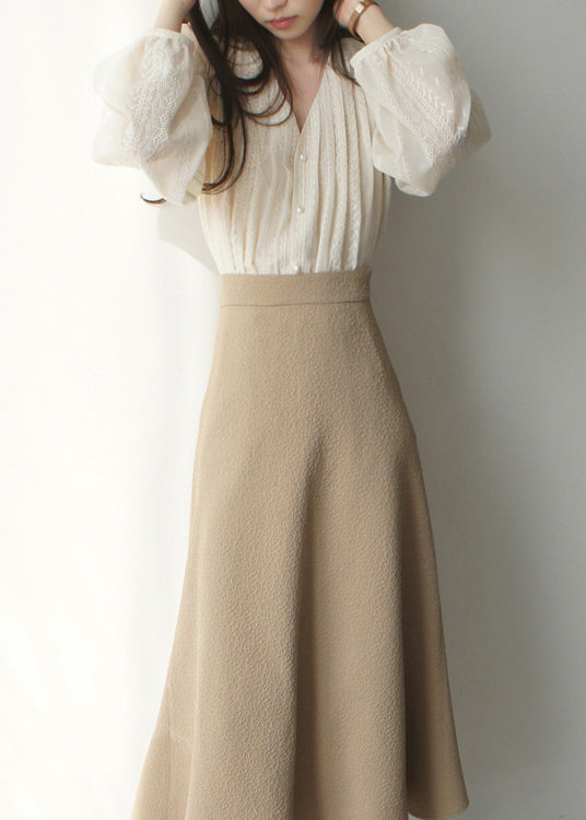 Lantern Art Embroidered Apricot Shirt Chiffon Sleeve FashionChic