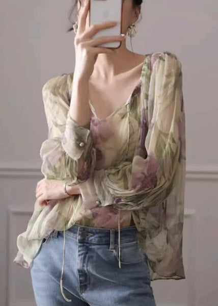 French Green Print Lace Up Chiffon Blouse Long Sleeve EE009 shopify
