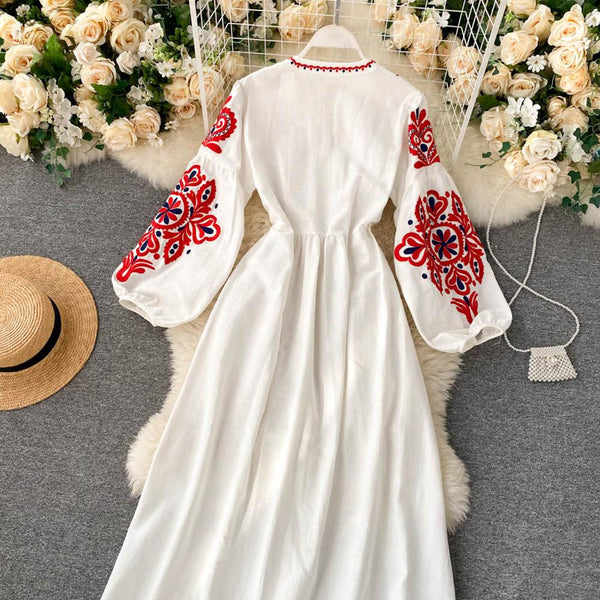 Bohemian Navy O-Neck Lacing Embroidered Flower Lantern Sleeve A-line Dress AR1011 shopify