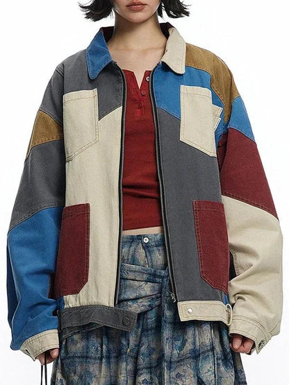 Art Lapel Blue Colorblock Long Sleeve Zip-up Denim Jacket TW017 ABC