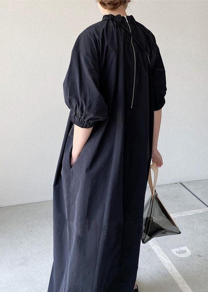 Navy Back Zippered Dress Half Women Cotton Maxi Sleeve FashionChic