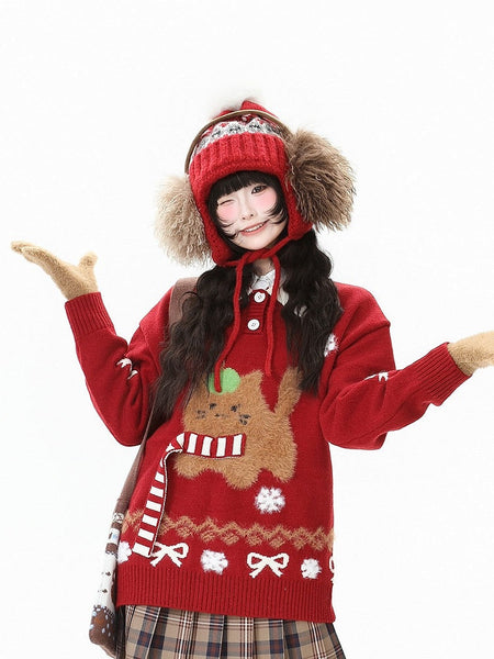 Daily Accents Motifs Strap Sweater Christmas Kawaii with Cat Striped Red/Apricot FashionChic