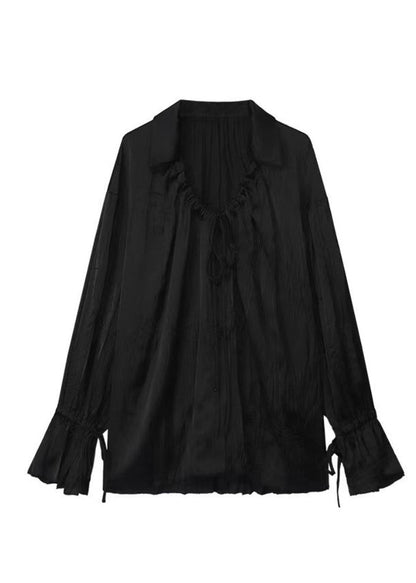 Simple Black Peter Pan Collar Cinched Button UPF 50+ Shirt Long Sleeve EE018 shopify