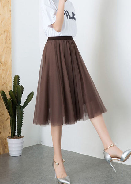 Fashion Brown High Waist Exra Large Hem Tulle Pleated Skirt Spring TT1034 shopify