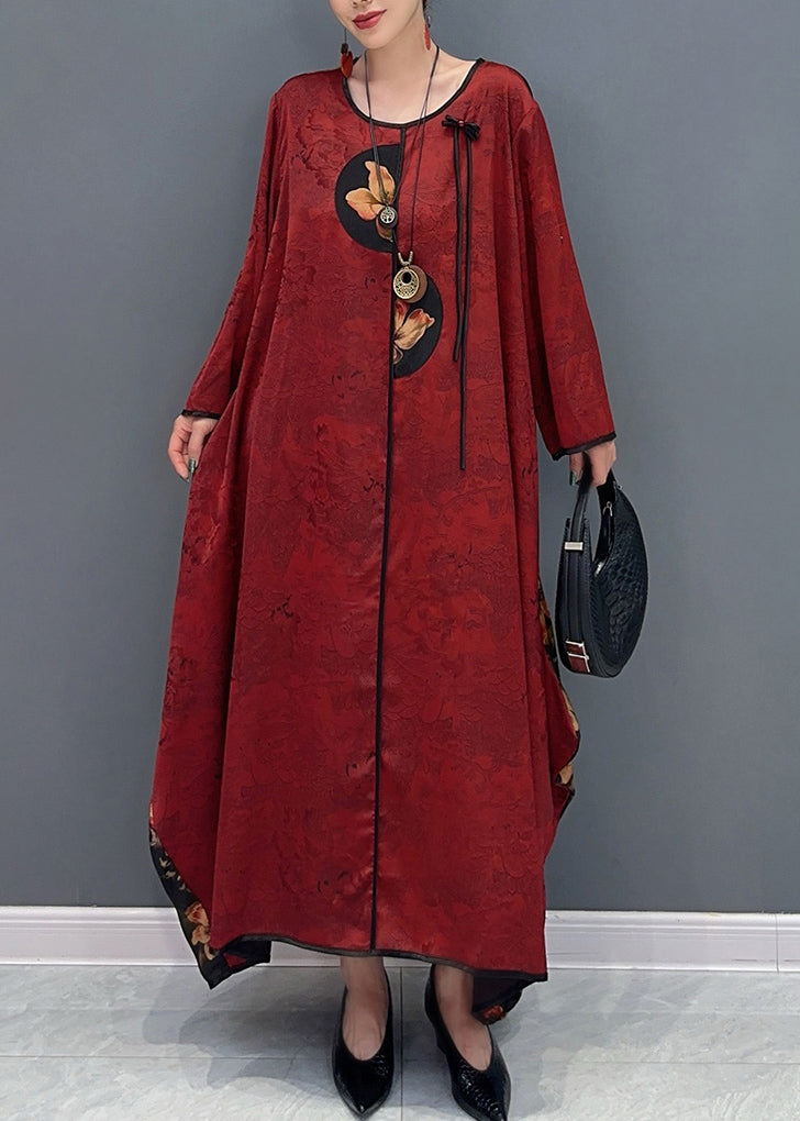 Chinese Style Red O-Neck Patchwork Holiday Silk Long Dress Long Sleeve AO1057 JDML-FDL240909