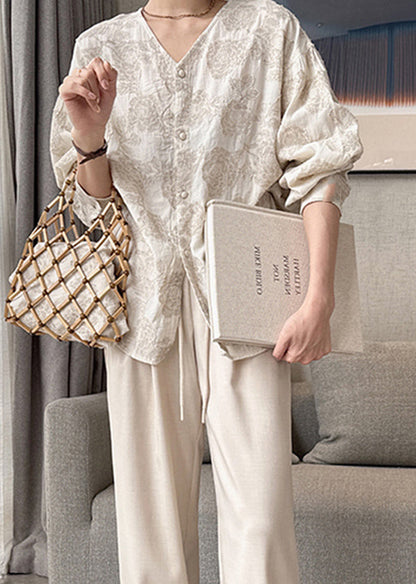 Neck Cotton Spring Apricot Button Jacquard V Casual Shirts FashionChic