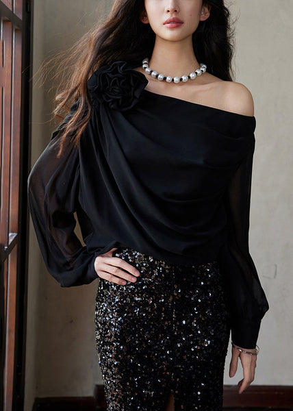 Grey Solid Chiffon Long Fashion Sleeve Asymmetrical Shirt FashionChic