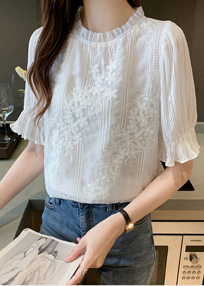 Shirts Chiffon White Bohemian Summer Embroidered Floral FashionChic