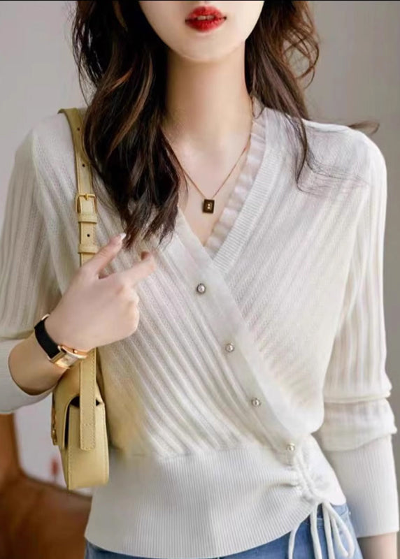 Fitted Blue V Neck Patchwork Drawstring Cotton Knit Sweaters Fall QP017 OL-NTP241001