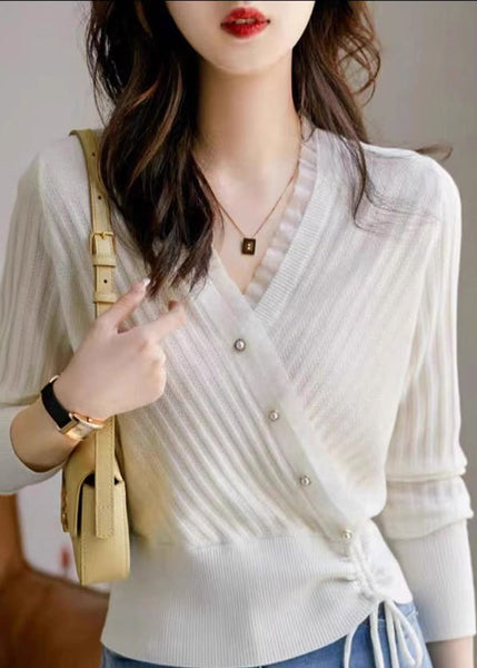 Fitted Blue V Neck Patchwork Drawstring Cotton Knit Sweaters Fall QP017 OL-NTP241001