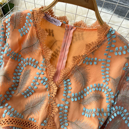 Italian Orange V-Neck Embroidery Tulle Long Sleeve Dress AR1005 shopify