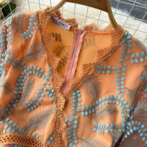 Italian Orange V-Neck Embroidery Tulle Long Sleeve Dress AR1005 shopify