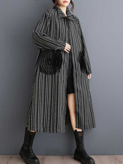 Design Black Lapel Flower Pockets Striped Long Sleeves Zip-up Dress WS010 shopify