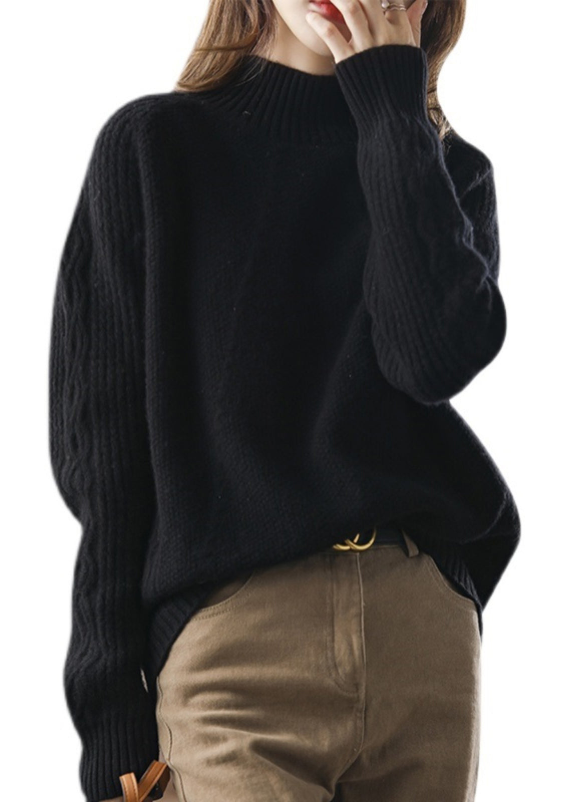 Modern Apricot Turtleneck Patchwork Thick Cotton Knit Sweaters Fall QP044 OL-NTP241001