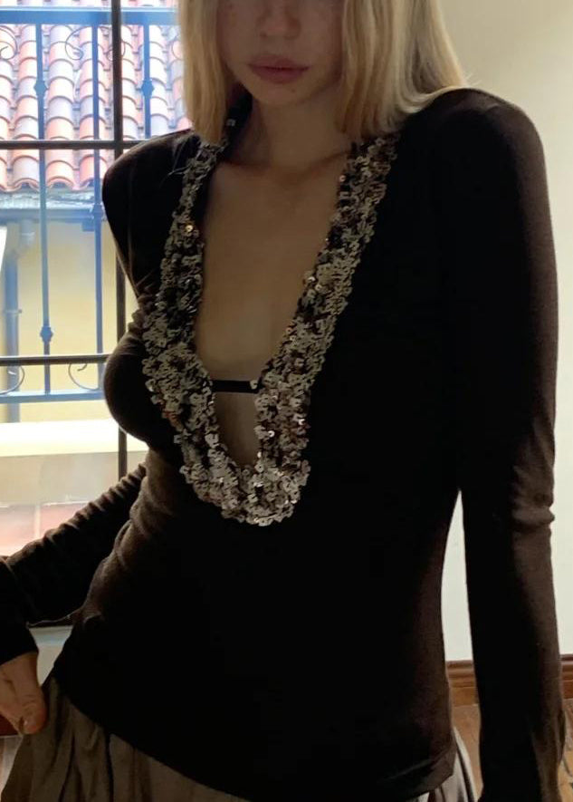 Spring U Neck Boho Coffee Top Sequins Silk FashionChic