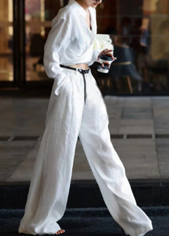 Natural White Peter Pan Collar High Waist Linen Shirts And Pants Two Pieces Set Long Sleeve AN1032 Genistyle Shop