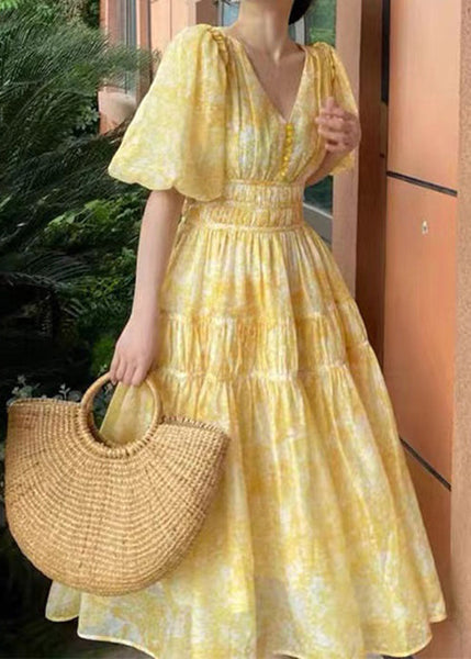V Long Summer Print Bohemian Yellow Neck Chiffon Dress FashionChic