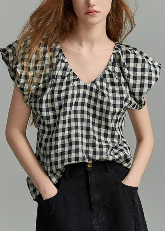 Vintage Plus Size Black V Neck Plaid Shirt Short Sleeve EE045 shopify