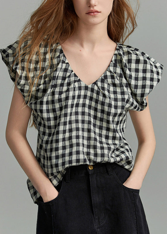 Vintage Plus Size Black V Neck Plaid Shirt Short Sleeve EE045 shopify