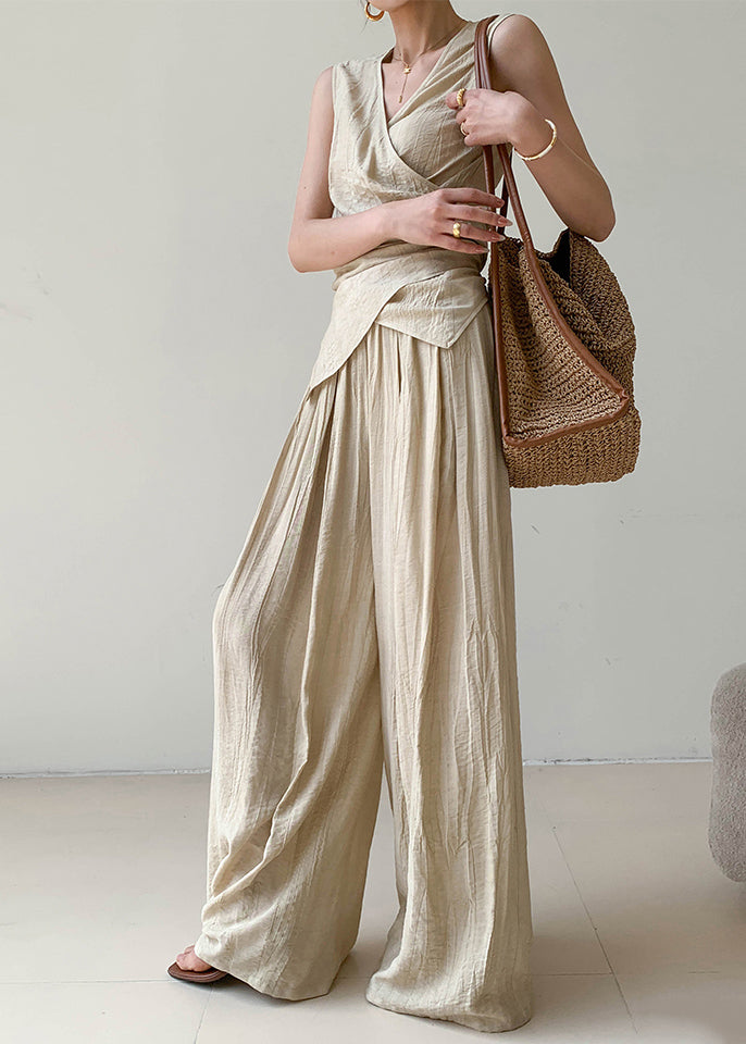 Boutique Apricot V Neck Wrinkled Linen Vest And Wide Leg Pants Two Pieces Set Summer AN1025 Genistyle Shop