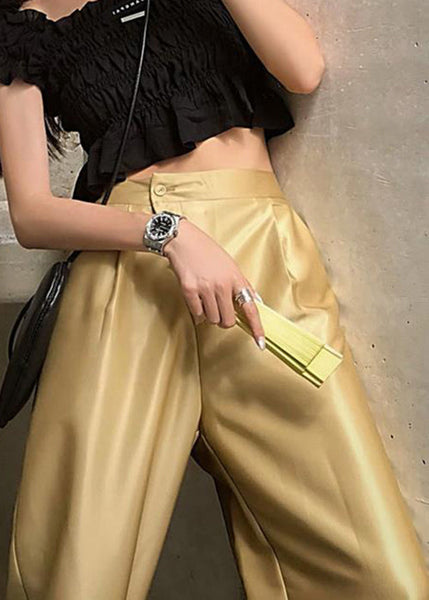 New Gold Button Pockets High Waist Silk Pants Summer QP001 OL-LPTS241001