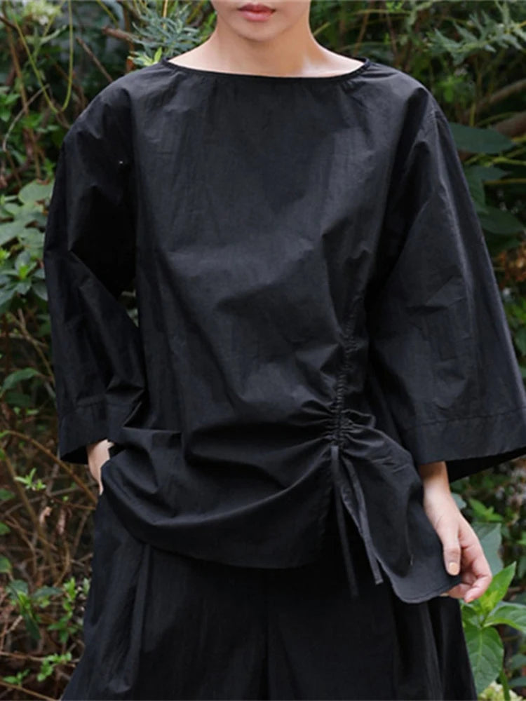 Casual Cotton Top Drawstring Sleeve Khaki Half Asymmetrical FashionChic