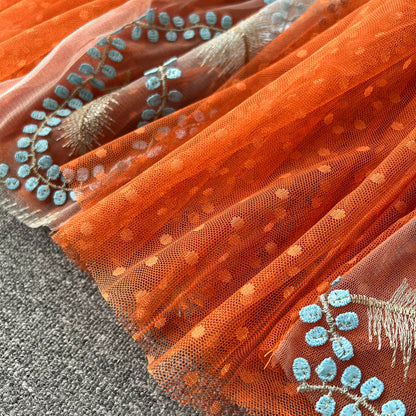 Italian Orange V-Neck Embroidery Tulle Long Sleeve Dress AR1005 shopify