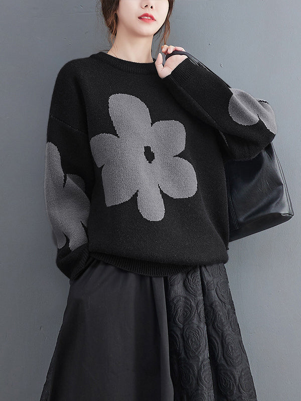 Cute Loose Black Round-Neck Contrast Color Flower Long Sleeve Sweater AN1070 Genistyle Shop