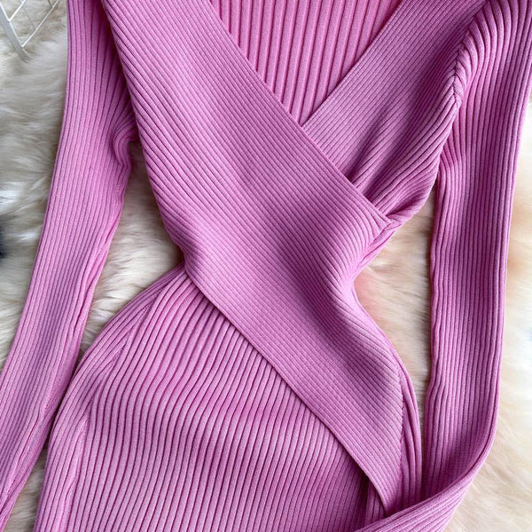 Sexy Pink V-neck Cross Slim Waist Long Sleeve Knit Sweater Dress AR1018 shopify