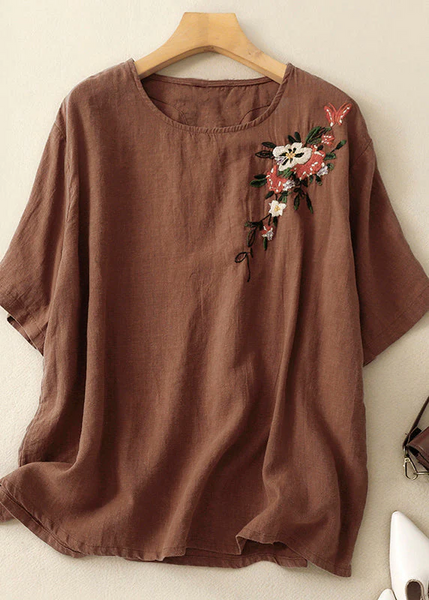Grace Khaki O Neck Embroidered Linen T Shirts Summer QR018 GSK-240929