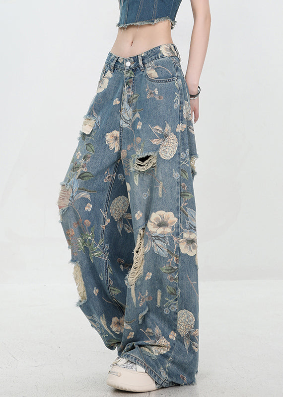 High Hole Print Denim Unique Blue Waist Summer Pants FashionChic