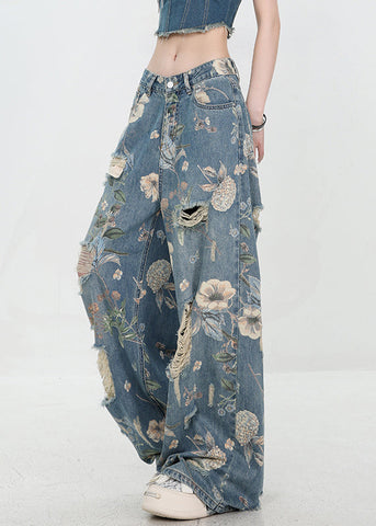 High Hole Print Denim Unique Blue Waist Summer Pants FashionChic