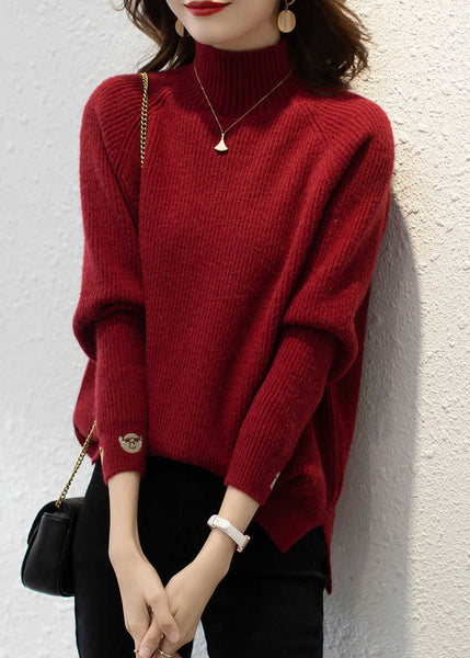 Organic Red Print Turtleneck Cotton Knit Sweaters Fall QP045 OL-NTP241001
