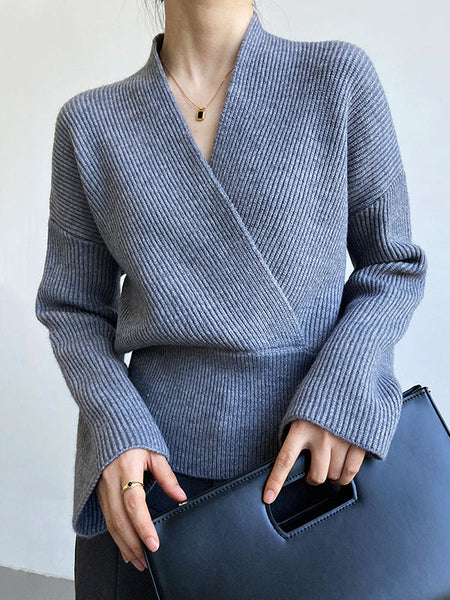 French Grey Cross V-Neck Long Sleeve Sweater QX012 shopify