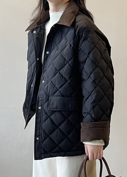 Black Pockets Corduroy Duck Down Puffer Coat Peter Pan Collar Winter AF1045 HS-DJK240914