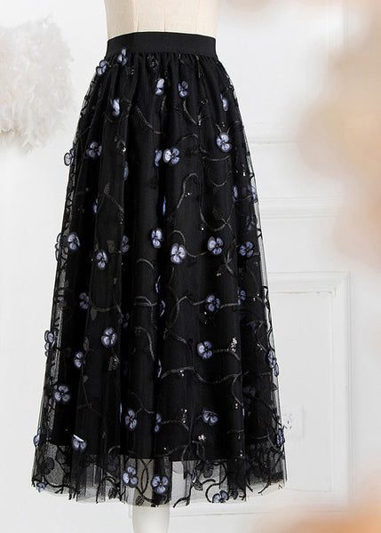 Art Black Embroidered Floral High Waist Tulle Pleated Skirts Spring AJ1018 shopify