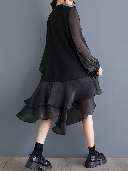 Chic Black Round-Neck Patchwork Contrast Color Ruffle Trim High-Low Long Sleeve Dress TW019 ABC