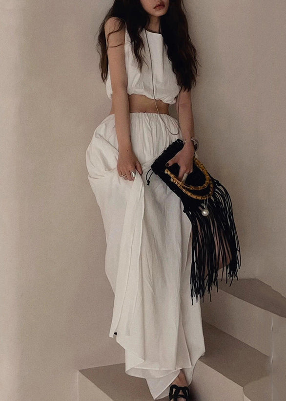 Brief White O-Neck Vest And Side Open Maxi Skirts Two Piece Set Summer AN1010 Genistyle Shop