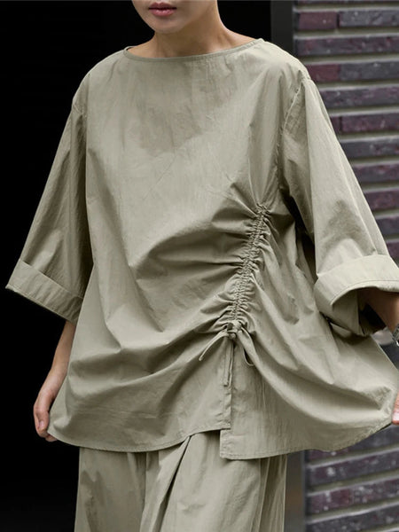 Casual Cotton Top Drawstring Sleeve Khaki Half Asymmetrical FashionChic