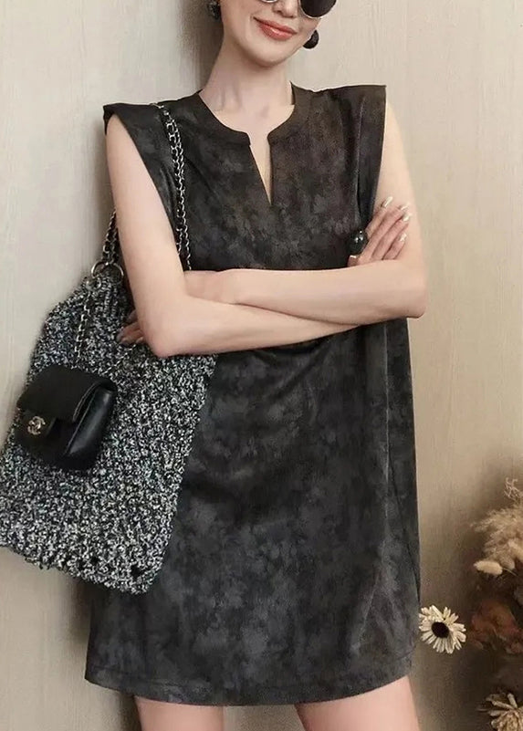 French Black V Neck Tie Dye Cotton Mid Dress Sleeveless QP003 OL-SDM241001