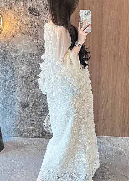 Beige Patchwork Italian Tulle V Spring Dresses Lace Neck Long FashionChic