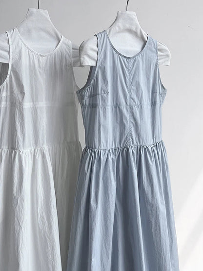 Patchwork O-neck Dress Simple Sleeveless Blue Puff Hem FashionChic