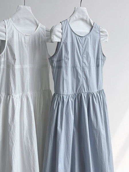 Patchwork O-neck Dress Simple Sleeveless Blue Puff Hem FashionChic