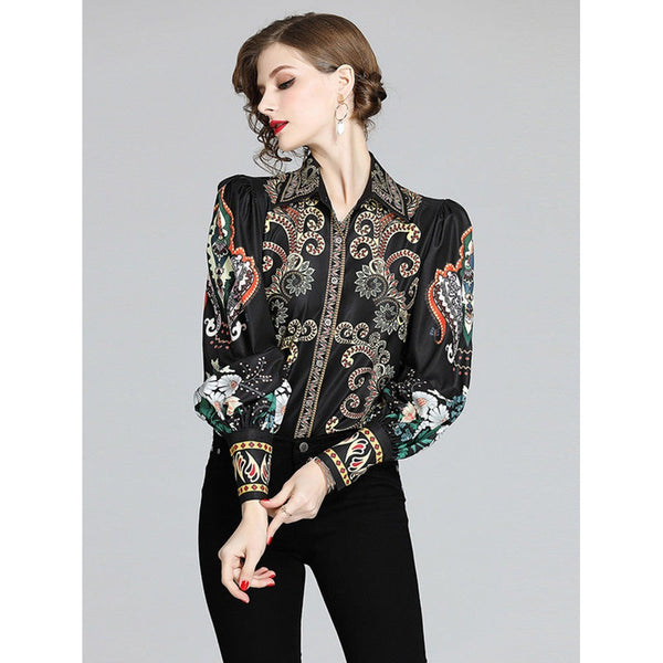 Retro Black Lapel Field Totem Print Buttoned Lantern Sleeve Blouse AR1004 shopify