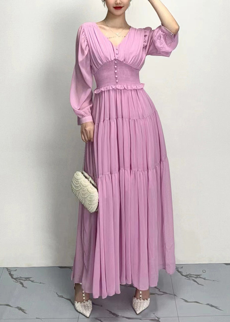 Chic Purple V Neck Wrinkled Patchwork Chiffon Dress Long Sleeve AO1012 JDML-FDL240909
