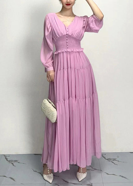 Chic Purple V Neck Wrinkled Patchwork Chiffon Dress Long Sleeve AO1012 JDML-FDL240909