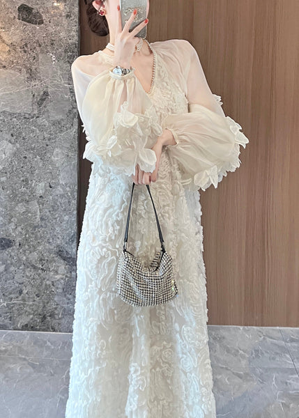 Long Spring Patchwork Italian Beige Dresses Lace Tulle Neck V FashionChic