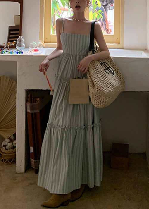 Elegant Striped Ruffled High Waist Cotton Spaghetti Strap Dress Sleeveless AZ1037 shopify