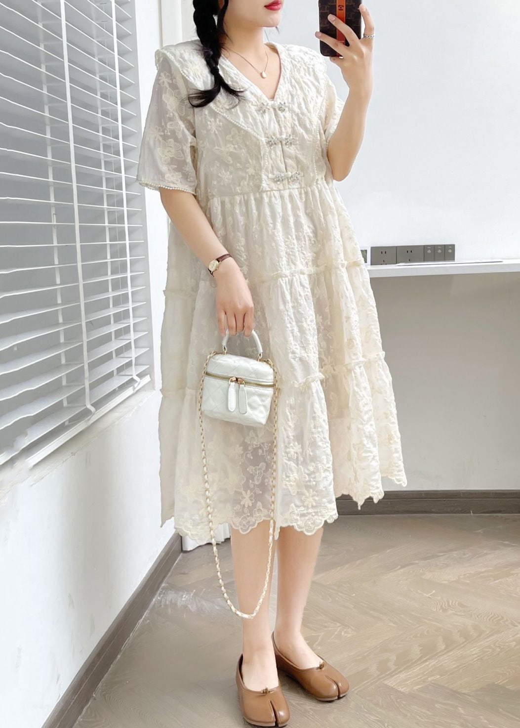 Elegant White V Neck Button Ruffled Cotton Dress Summer NN040 shopify